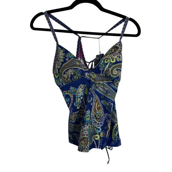 Athleta Tankini Swimsuit M Top L Bottoms Blue Purple Green Paisley Print Lined - Picture 1 of 6